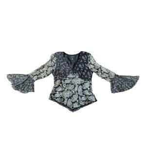 Y2K Spenser Jeremy Babydoll Flare Sleeve Top M Silk Black Beige Paisley Vampire